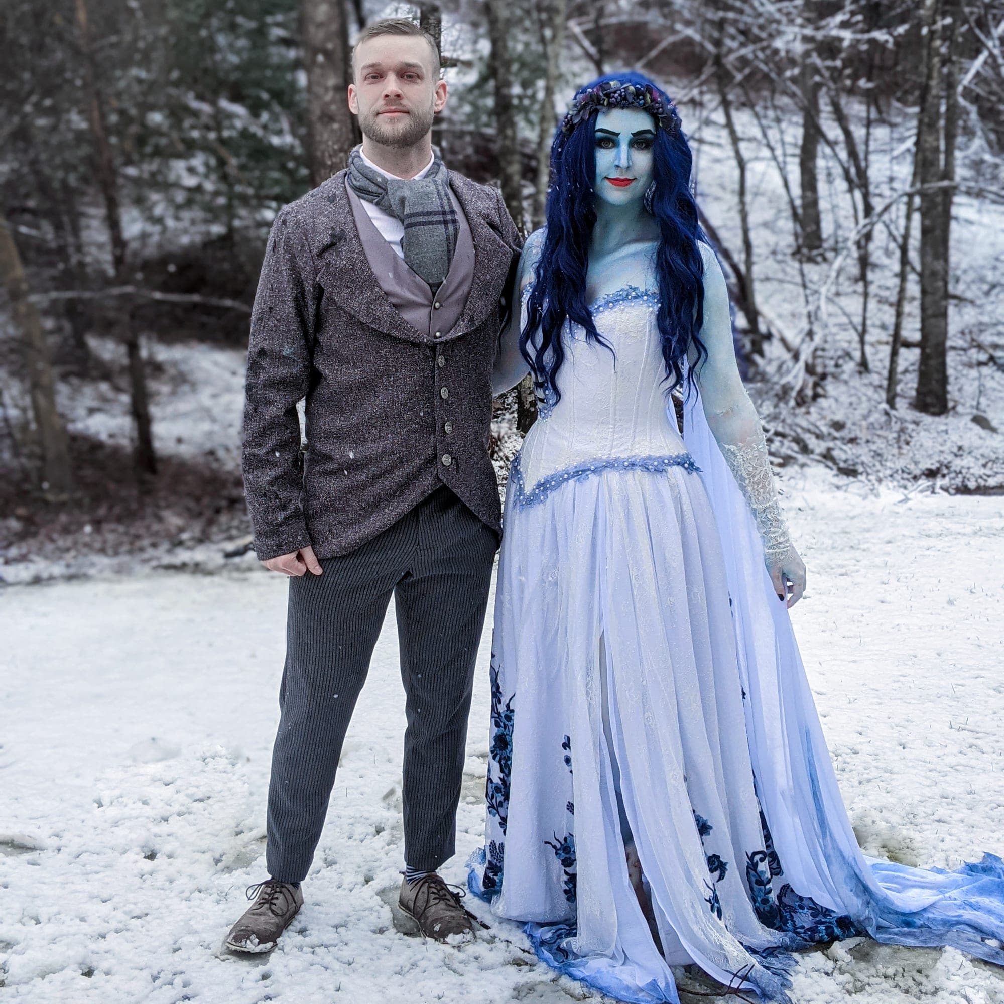 Corpse Bride and groom costumes photographed in the snow