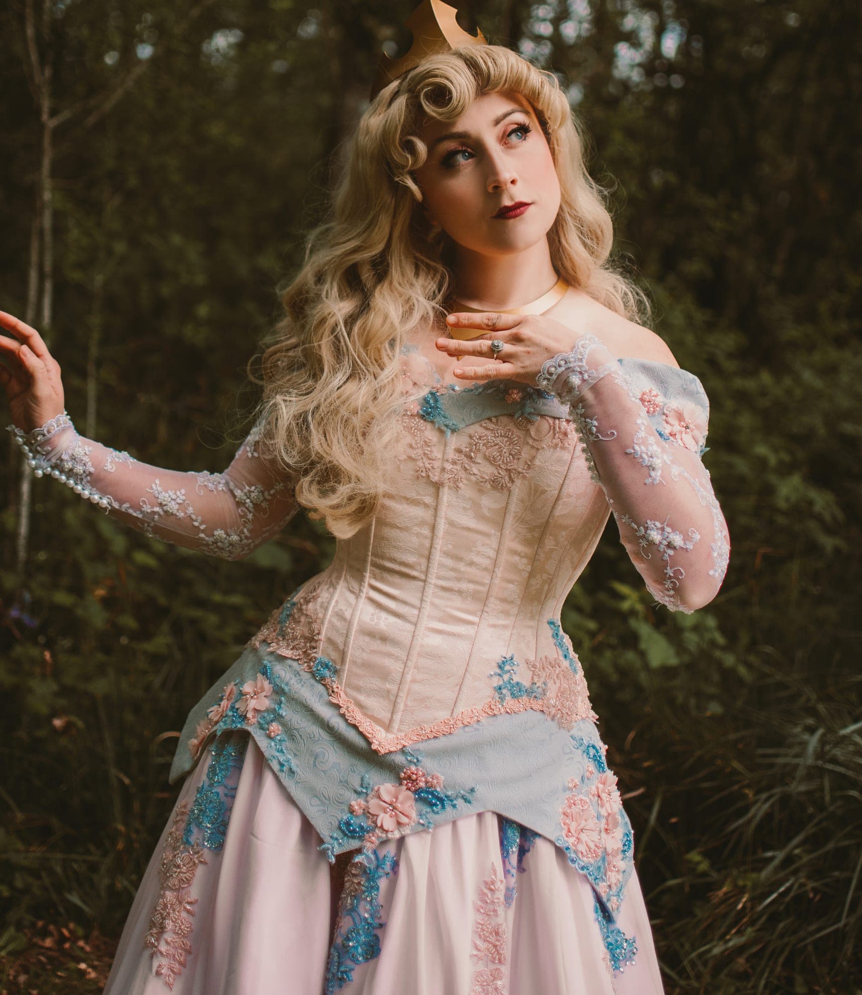 Pastel pink and blue floral corset with sheer beaded sleeves, Sleeping Beauty inspired